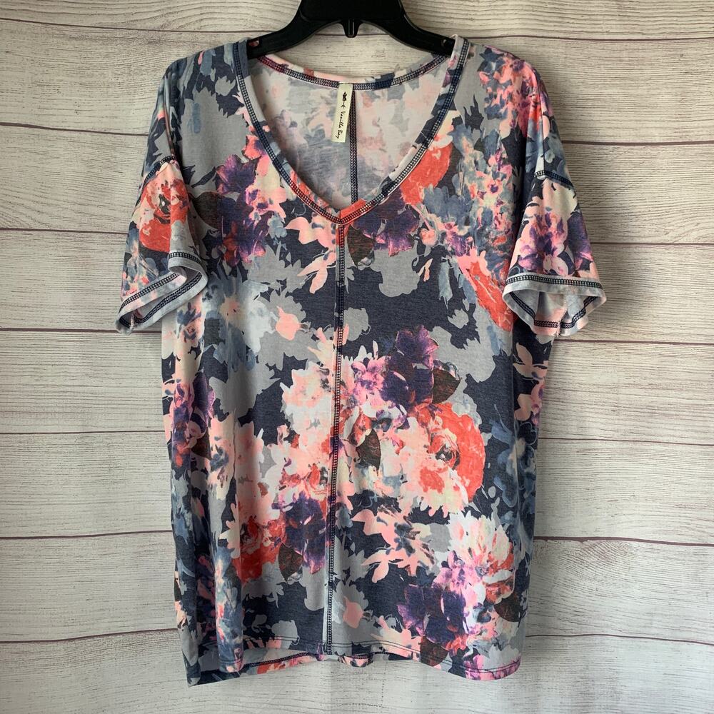 Vanilla Bay Floral Tee Shirt Blouse Short Sleeve Size Large